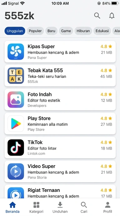 Tampilan katalog aplikasi 555zk