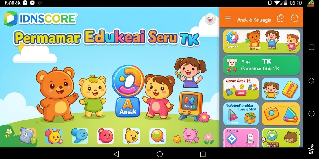 Screenshot <strong>IDNSCORE</strong> menunjukkan permainan edukatif yang menarik untuk anak TK.